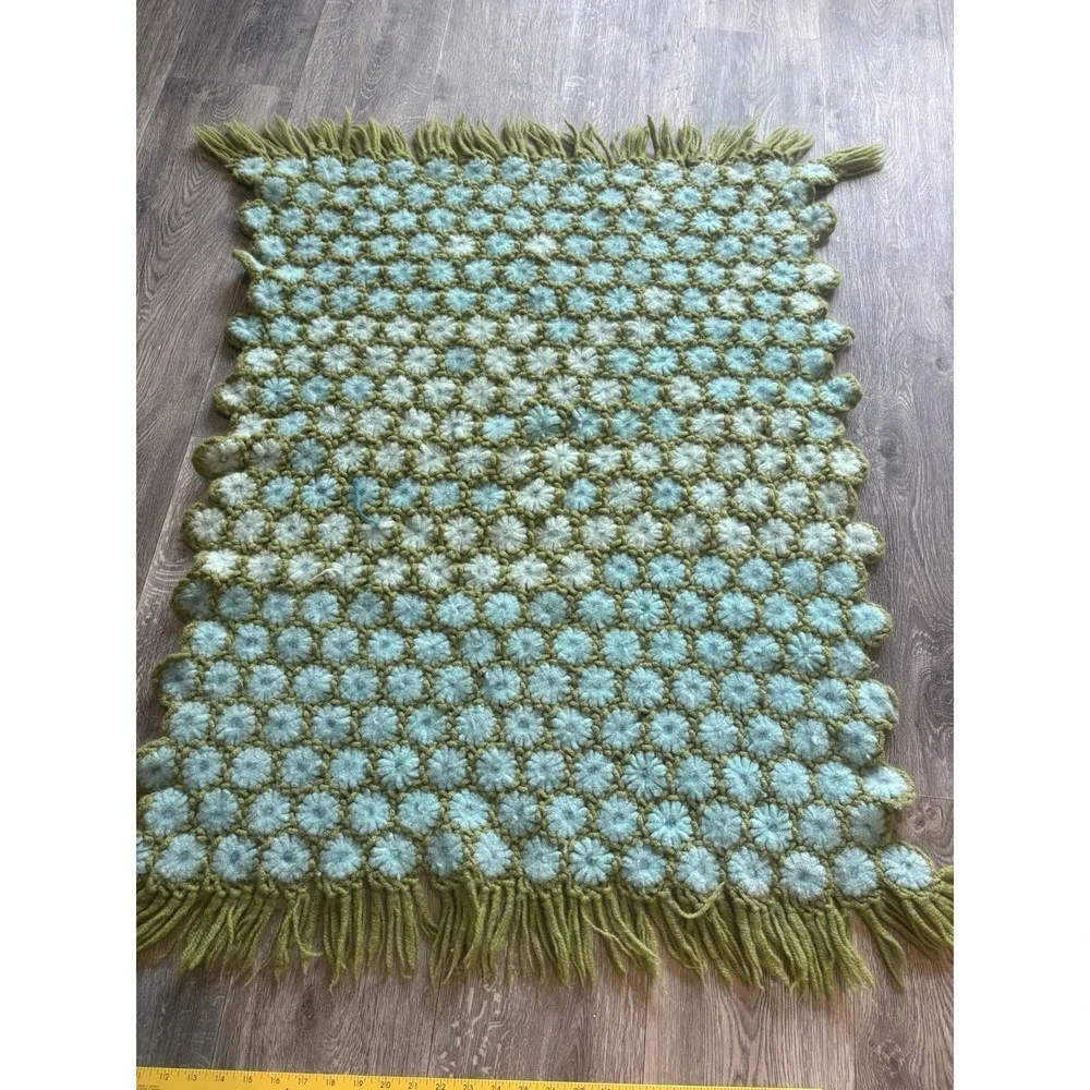 Vintage Handmade Pom Pom Rug Green Blue Boho Crochet Bobble Yarn Fringe